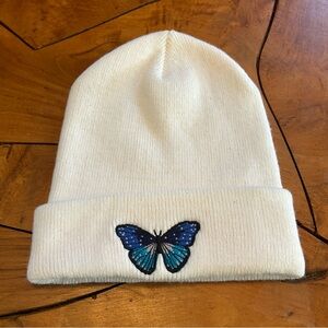 NEW Butterfly Embroidered Beanie Hat Ski Snow Winter Yoga Peace White Blue